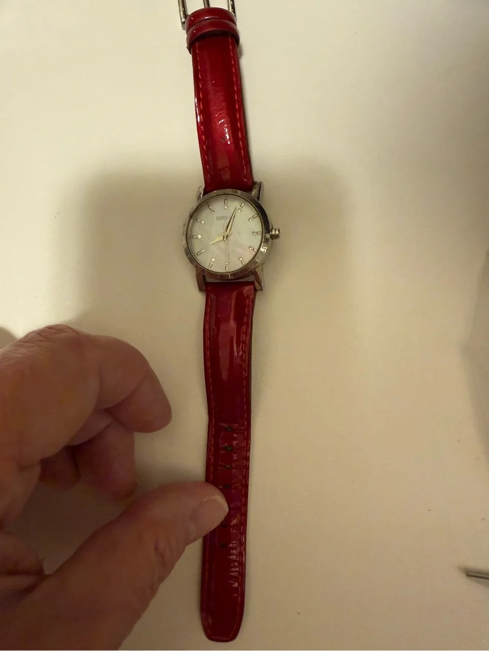 DKNY White Dial Ladies Watch with Red Leather Strap Needs Battery